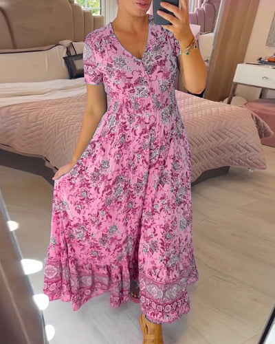 Ellie - Elegant Floral V-Neck Pleated Hem Dress