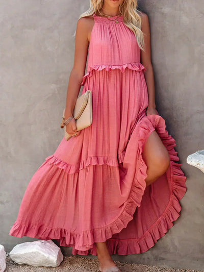 Delilah - Elegant Halter Neck Ruffle Trim Dress