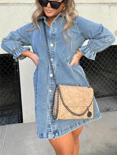Galilea - Chic Turn-Down Collar Denim Midi Dress