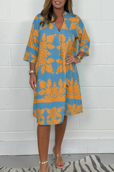 Kenzie - Bohemian Retro Print V-neck Cropped Sleeves Dress